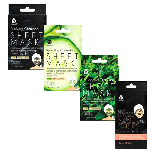Ultimate Skincare Bundle: Charcoal Sheet Mask + Tea Tree Sheet Mask + Cucumber Sheet Masks +  Cleansing Charcoal Nose Pore Strip