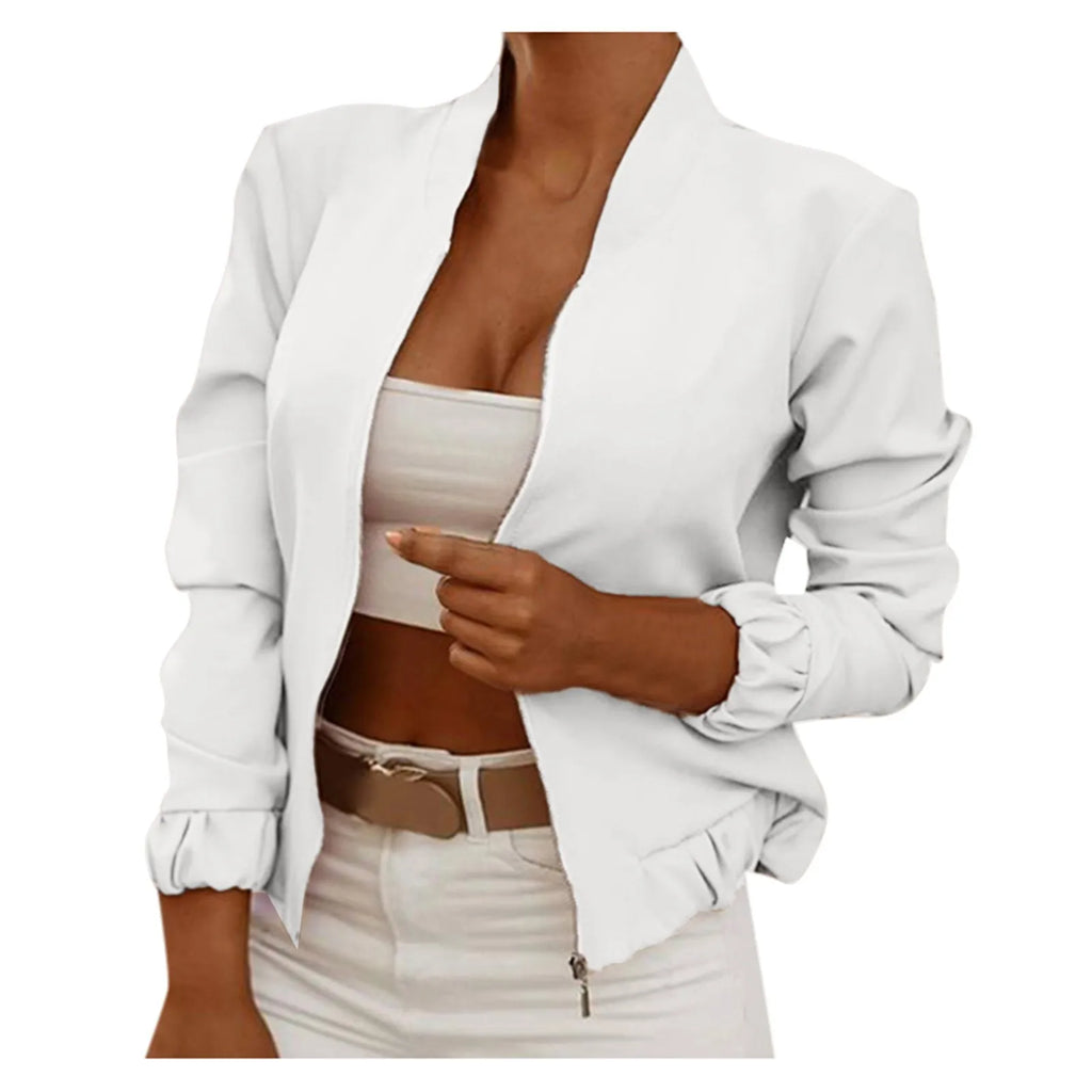 New Autumn Long Sleeve Women's Bomber Jacket Fashion Zipper Up Pink Coat Tops Elegant Stand Collar Ladies Short Jacket Chaquetas