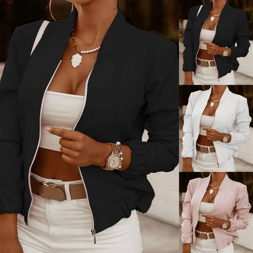 New Autumn Long Sleeve Women's Bomber Jacket Fashion Zipper Up Pink Coat Tops Elegant Stand Collar Ladies Short Jacket Chaquetas