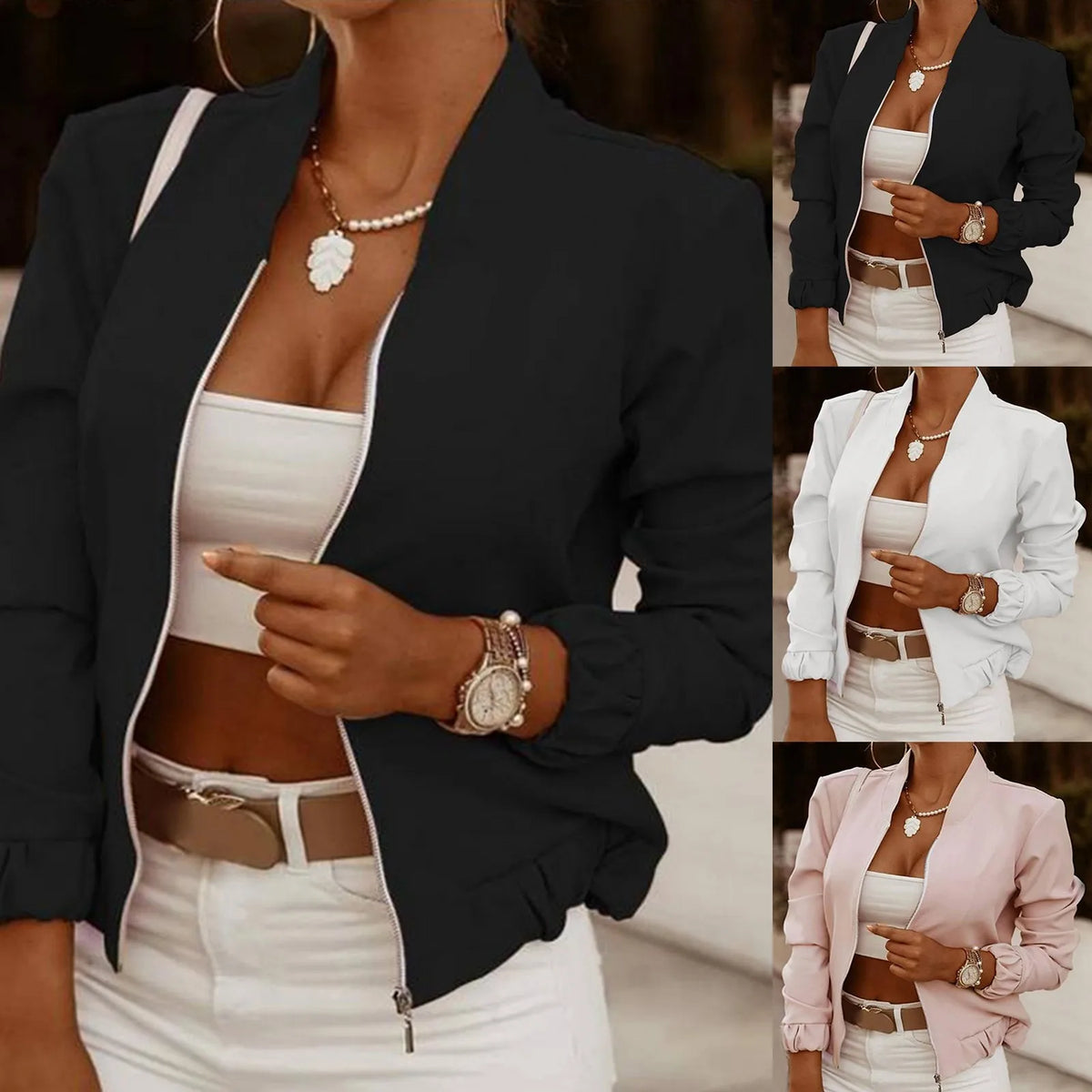 New Autumn Long Sleeve Women's Bomber Jacket Fashion Zipper Up Pink Coat Tops Elegant Stand Collar Ladies Short Jacket Chaquetas