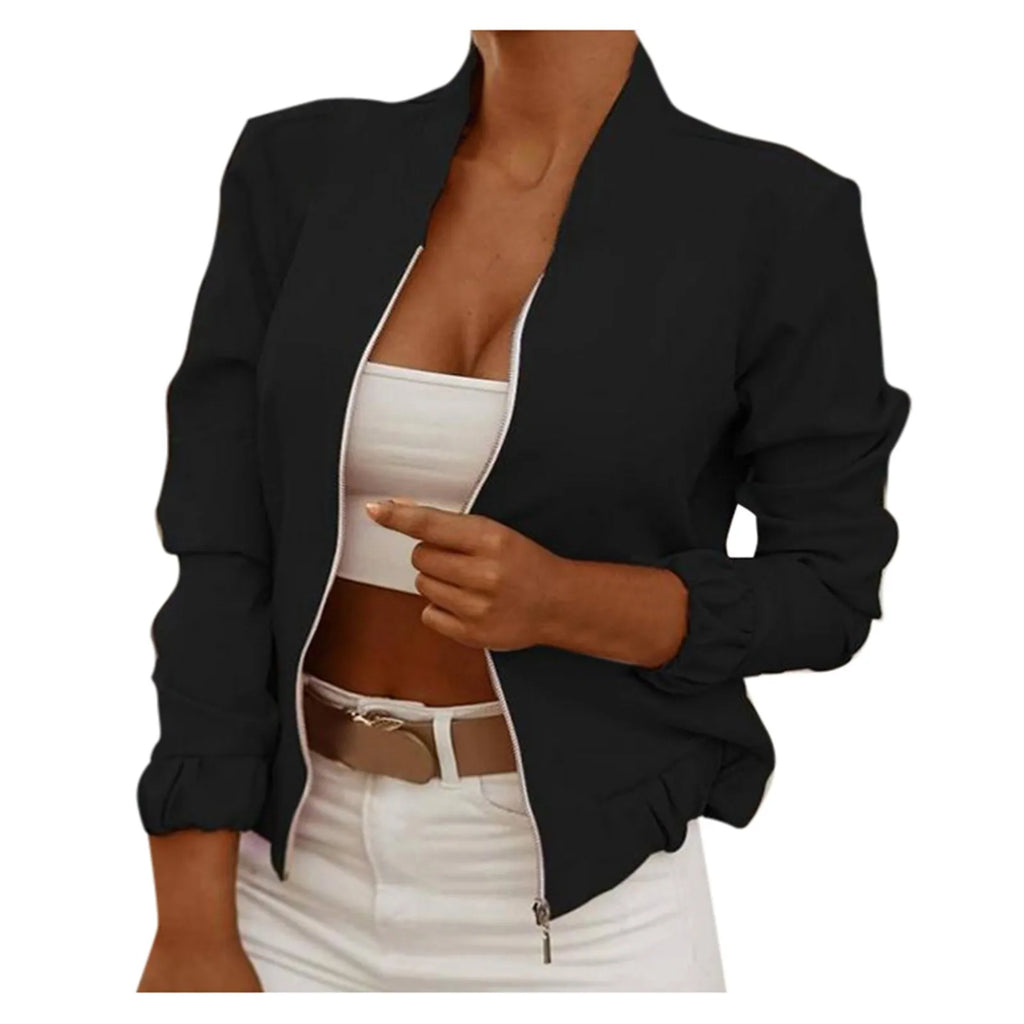 New Autumn Long Sleeve Women's Bomber Jacket Fashion Zipper Up Pink Coat Tops Elegant Stand Collar Ladies Short Jacket Chaquetas
