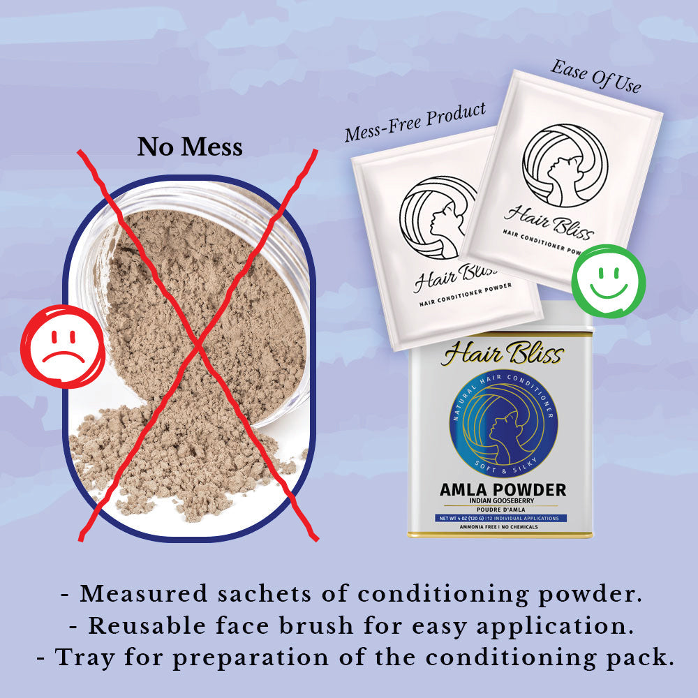 Hair Bliss- Natural Amla Gooseberry Herbal Hair & Skin Conditioning Powder- 12 Individual Sachets (10 gm each)- Reusable Brush & Tray Included